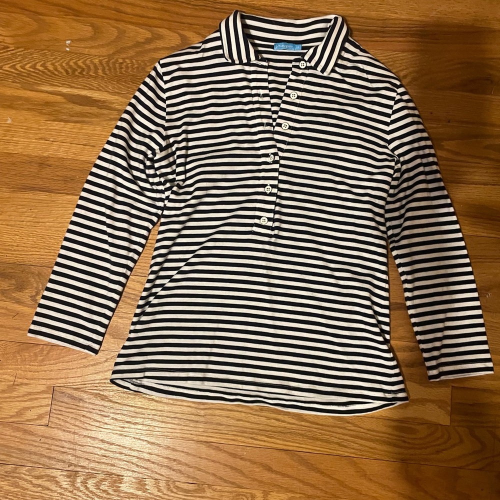 J. McLaughlin Woman’s Black and White Striped 1/2 Button Down Shirt